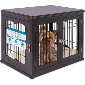 BIRDROCK HOME Decorative Dog Kennel with Pet Bed - Small Indoor Pet Crate, Double Door Design, Engineered Wood & Metal Wire, Furniture-Style House for Small Dogs, Side Table or Nightstand, Espresso