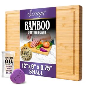 Straga Premium Organic Moso Bamboo Cutting Board, 12"x 9"x 0.75", Sustainable Kitchen Essential, Deep Juice Groove, Dual-Function Design, Free Mineral Oil Sample + "Our Heart" Applicator = Easy Care