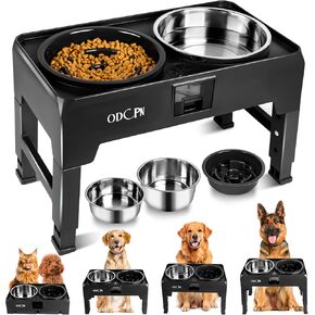 Elevated Slow Feeder Dog Bowls, 6 Height Adjustable Raised Dog Bowls with 2 Stainless Steel & 1 Slow Feeder Dog Food Bowls, Non-Slip Dog Food Stand with Catchment Drawer Design for Large Medium Dogs