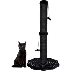 Gothic Cat Scratching Post with Spider Dangling Toys for Indoor Cats, Halloween Cat Scratcher,Activity Cat Play Center Cat Tree Tower Furniture with Cobweb Base,Black