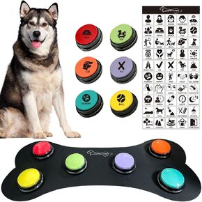 RIBOSY Dog Speech Training Buzzer Set, 6 Recordable Buttons with Non-Slip Rubber Mat and 50 Stickers - Record& Playback Your Own Voice to Train Your Dog Voice What They Need (Battery Included)