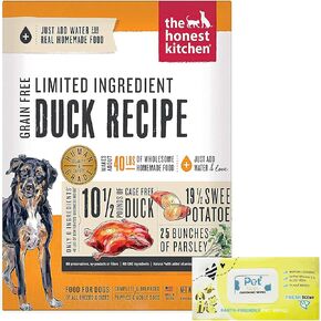 طعام الكلاب ذو المكونات المحدودة والخالي من الحبوب المجففة من The Honest Kitchen، وزن البط 10 رطل مع 100 قيراط مناديل مبللة للحيوانات الأليفة in Kuwait