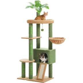 PEQULTI Tall Cat Tree, Floor to Ceiling Cat Tree Tower Adjustable [90.5''~100.4''=230~252CM] with Cat Condo, Cat Hammock and Scratching Post, Cat Climbing Tree for Indoor Large Cats, Green