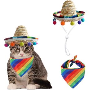 Pet Straw Hat Funny Mexican Sombrero Cap Rainbow Scarf Party Decorations for Birthday for Small Pets, Puppy, Cat (A)