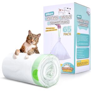 65 Count Drawstring Cat Litter Bags for Most Auto Self-Cleaning Litter Box, Extra Thick Pet Litter Drawer Liners Replacement, Durable Cat Waste Bags, Unscented, 25.6'' W x 15.7'' H