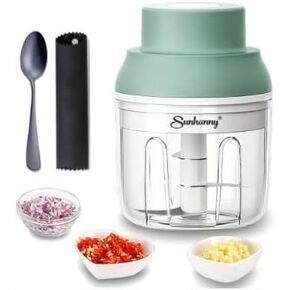 Electric Garlic Chopper Mini, Garlic Masher Mincer Crusher Pepper Chili Nuts Meat Grinder, Food Processor Small with Garlic Peeler And Spoon, 250ML/8.5FL OZ, Green