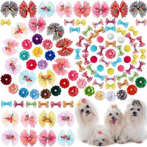 100 Pcs Assorted Dog Hair Bows for Small Size Dog Pet Bows with Rubber Band Bulk for Puppy Yorkie Dog Hair Accessories