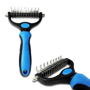 Pet Grooming Brush, 2 Sided Undercoat Rake for Dogs & Cats，Shedding Brush for Long matted Haired Pets, Effective Dematting Mats&Tangles Removing (Blue)