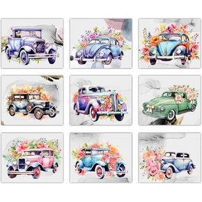 9 قطع من ملصقات السيارات الكلاسيكية العتيقة - مجموعة لوحات فنية جدارية قديمة مطبوعة بألوان مائية زهرية قديمة للأولاد في غرفة المعيشة والمراهقين وغرفة نوم الرجال وكهف المرآب ديكور المنزل والمكتب - صور غير مؤطرة مقاس 8 × 10 in Kuwait