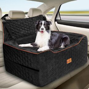 Dog Car Seat for Medium/Large Dogs, Washable Dog Booster Seat for Dogs Under 60 lbs or 2 Small Dogs, Multi-Functional Pet Car Seat with Thick Cushion, 2 Safety Leashes, Snack Pockets & Dog Car Bed