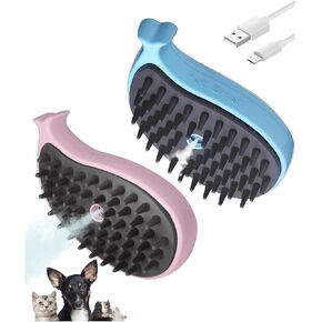 3 in 1 Cat Steamy Brush with Care Solution 2Pcs - Electric Spray Grooming Comb for Cats Dogs, Steaming Silicone Massage Brush - Self Cleaning Pet Hair Remover - Blue & Purple