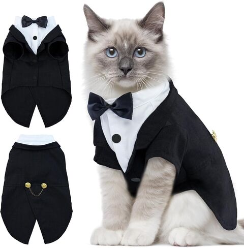 DENTRUN Cat Tuxedo Outfit, Sphynx Cat Costume Formal Suit with Bow Tie, Stylish Cat Shirt Fashion Apparel Fancy Clothes, Kitten Formal Attire Wedding Onesie Costume for Cats Only in Kuwait