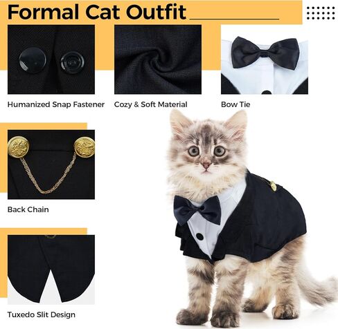 DENTRUN Cat Tuxedo Outfit, Sphynx Cat Costume Formal Suit with Bow Tie, Stylish Cat Shirt Fashion Apparel Fancy Clothes, Kitten Formal Attire Wedding Onesie Costume for Cats Only in Kuwait