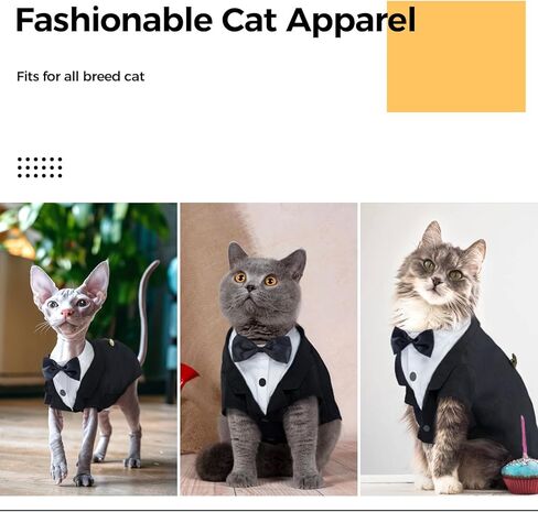 DENTRUN Cat Tuxedo Outfit, Sphynx Cat Costume Formal Suit with Bow Tie, Stylish Cat Shirt Fashion Apparel Fancy Clothes, Kitten Formal Attire Wedding Onesie Costume for Cats Only in Kuwait