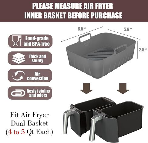 Silicone Liners Rectangle 2 Pcs for Air Fryer Dual Basket 8 to 10 Qt, Food-grade Reusable Baking Tray Fit Ninja DZ201 DZ401 DZ550, 4 to 5 Qt Each, Double Zone Airfryer Accessories in Saudi Arabia