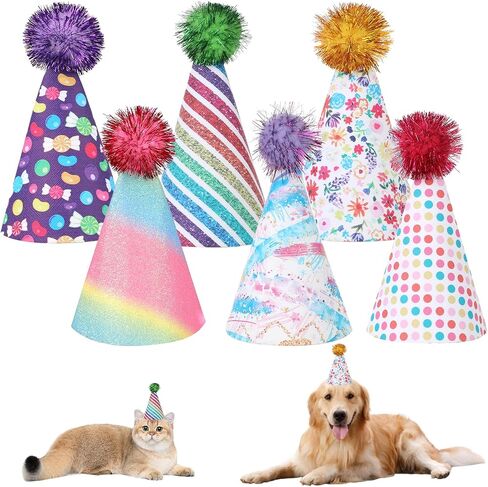 KALIONE 6 Packs Cat Birthday Hat, Rainbow Dog Party Hats Dog Birthday Hats Mini Party Hats Cute Puppy Hats with Pompons Adjustable Leather Headbands Birthday Hats for Kittens Dogs Animals Friends in Saudi Arabia