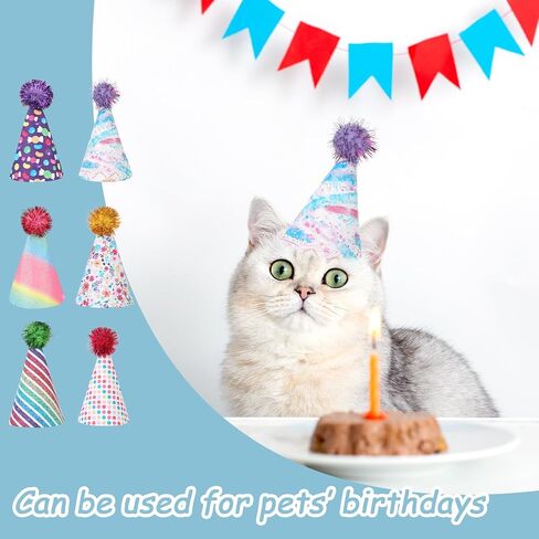 KALIONE 6 Packs Cat Birthday Hat, Rainbow Dog Party Hats Dog Birthday Hats Mini Party Hats Cute Puppy Hats with Pompons Adjustable Leather Headbands Birthday Hats for Kittens Dogs Animals Friends in Saudi Arabia