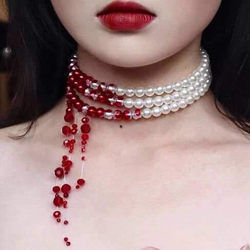 Vampire Bite Dracula's Kiss Blood Drop Three Layers Faux Pearl Necklace in Saudi Arabia