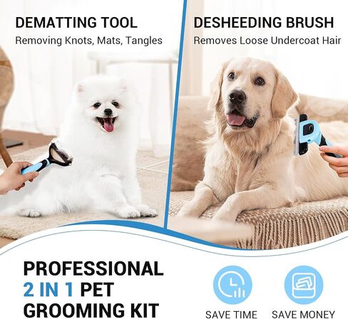 MIU COLOR Dog Brush Kit 2PCS, Deshedding Dog Brush & 2 Sided Undercoat Rake for Dogs & Cats, Long Medium Hair Deshedding Tool, Effective Dog Brush Set Removing Knots, Mats, Tangles, Extra Wide in Kuwait