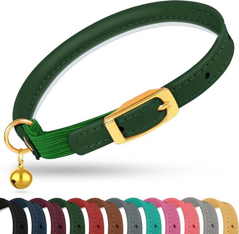 OOPSDOGGY Rolled Leather Cat Collar with Bell - Reflective Kitten Collar with Safety Elastic Strap - Adjustable Small Pet Collars for Boy Girl Cats (Green) in Saudi Arabia