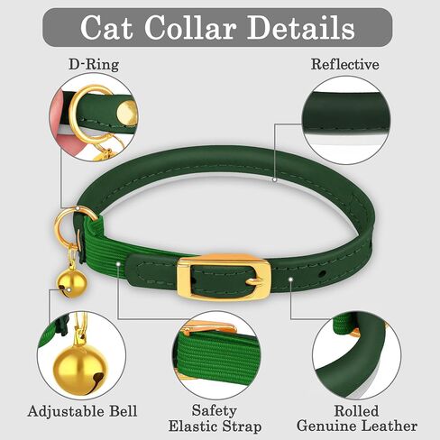 OOPSDOGGY Rolled Leather Cat Collar with Bell - Reflective Kitten Collar with Safety Elastic Strap - Adjustable Small Pet Collars for Boy Girl Cats (Green) in Saudi Arabia