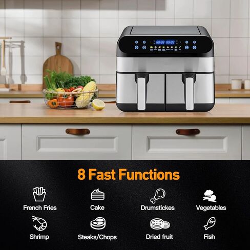 Panana XL 9.5 Quart 8 Preset Cooking Functions 2-Basket Air Fryer with 2 Frying Baskets, Match Cook & Smart Finish to Bake, Roast, Reheat, Broil, Dehydrate & More for Quick, Easy Meals in Kuwait