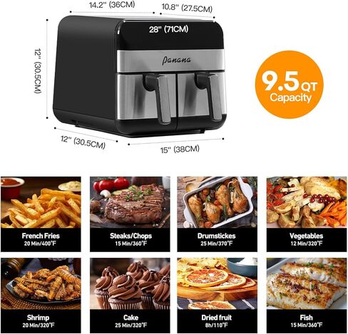 Panana XL 9.5 Quart 8 Preset Cooking Functions 2-Basket Air Fryer with 2 Frying Baskets, Match Cook & Smart Finish to Bake, Roast, Reheat, Broil, Dehydrate & More for Quick, Easy Meals in Kuwait