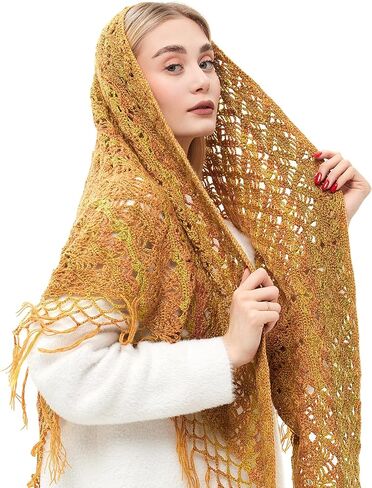 وشاح ملفوف مثلث مكتنز مع شرابات، شال صوف كروشيه، وشاح مكتنز، وشاح هامشي، شال ملفوف متماسك الخردل. in Kuwait