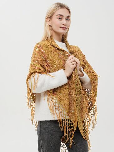 وشاح ملفوف مثلث مكتنز مع شرابات، شال صوف كروشيه، وشاح مكتنز، وشاح هامشي، شال ملفوف متماسك الخردل. in Kuwait