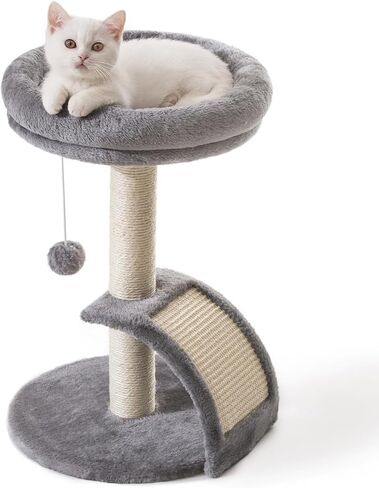 Small Cat Tree Tower with Scratching Post, Modern Kitten Tower for Indoor Cats, Short Carpet Sisal Cat Scratcher Stand with Large Bed Perch, Scratch Ramp, Toy Ball for Kitty Play (Grey) in Saudi Arabia