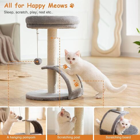 Small Cat Tree Tower with Scratching Post, Modern Kitten Tower for Indoor Cats, Short Carpet Sisal Cat Scratcher Stand with Large Bed Perch, Scratch Ramp, Toy Ball for Kitty Play (Grey) in Saudi Arabia