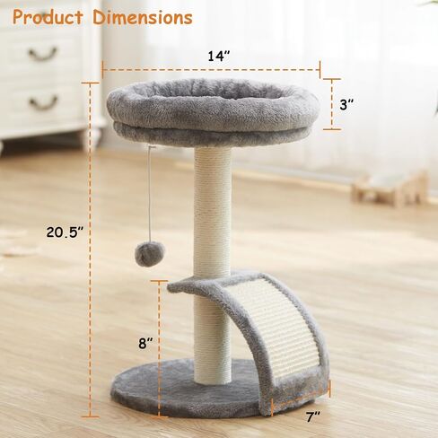 Small Cat Tree Tower with Scratching Post, Modern Kitten Tower for Indoor Cats, Short Carpet Sisal Cat Scratcher Stand with Large Bed Perch, Scratch Ramp, Toy Ball for Kitty Play (Grey) in Saudi Arabia