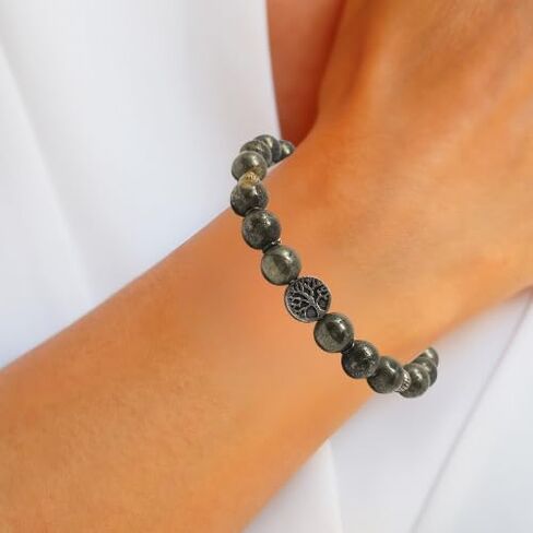 Pyrite Bracelet for Womens, Mens, Teens Gift - Pyrite Crystals and Healing Stones Mens Bracelet - 8mm Round Beaded Bracelets - Stretchy Bracelets for Chakra Protection, Meditation and Healing in Saudi Arabia