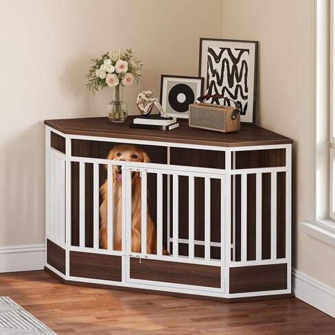 YITAHOME 52 Inch Corner Dog Crate Furniture, Heavy Duty Dog Kennel Indoor Furniture End Table Side Table Dog Crate, Modern Indoor Pet Crate Wooden Dog Crate for Large Dogs, Rustic Brown in Saudi Arabia