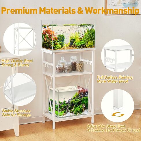 10 Gallon Fish Tank Stand with Shelf, Double Aquarium Stand for 10&5 Gal Fish Tank, 3-Tier Heavy Metal Stand with Stable Structure, Adjustable Table Feet&Anti-tilt Device - White in Saudi Arabia