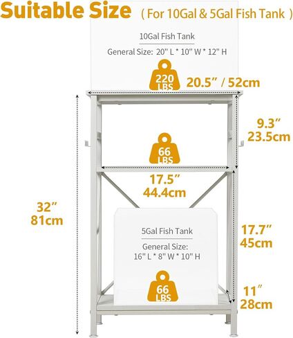 10 Gallon Fish Tank Stand with Shelf, Double Aquarium Stand for 10&5 Gal Fish Tank, 3-Tier Heavy Metal Stand with Stable Structure, Adjustable Table Feet&Anti-tilt Device - White in Saudi Arabia