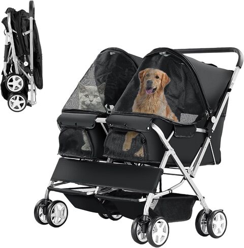 Double Pet Stroller, Foldable Stroller for 2 Dogs & Cats, Two-Seater Carrier Twin Dog Walk Jogger Travel Pet Carriage Cart with Storage, Black in Saudi Arabia