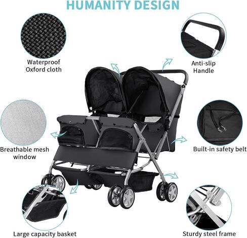 Double Pet Stroller, Foldable Stroller for 2 Dogs & Cats, Two-Seater Carrier Twin Dog Walk Jogger Travel Pet Carriage Cart with Storage, Black in Saudi Arabia