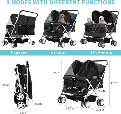 Double Pet Stroller, Foldable Stroller for 2 Dogs & Cats, Two-Seater Carrier Twin Dog Walk Jogger Travel Pet Carriage Cart with Storage, Black in Saudi Arabia