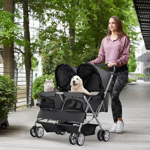 Double Pet Stroller, Foldable Stroller for 2 Dogs & Cats, Two-Seater Carrier Twin Dog Walk Jogger Travel Pet Carriage Cart with Storage, Black in Saudi Arabia