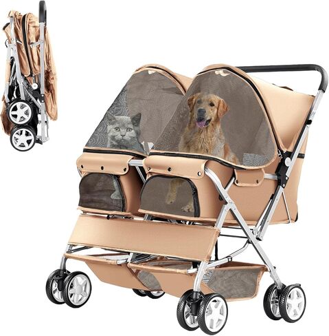 عربة مزدوجة للحيوانات الأليفة، عربة قابلة للطي لكلبين وقطط، عربة حمل بمقعدين للكلاب ومشي الركض للسفر مع مساحة تخزين، أسود in Kuwait