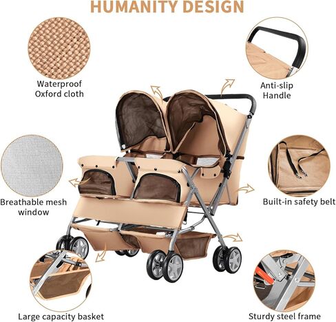 عربة مزدوجة للحيوانات الأليفة، عربة قابلة للطي لكلبين وقطط، عربة حمل بمقعدين للكلاب ومشي الركض للسفر مع مساحة تخزين، أسود in Kuwait