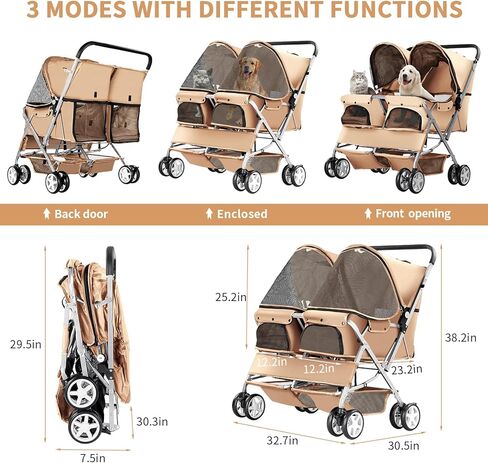 عربة مزدوجة للحيوانات الأليفة، عربة قابلة للطي لكلبين وقطط، عربة حمل بمقعدين للكلاب ومشي الركض للسفر مع مساحة تخزين، أسود in Kuwait