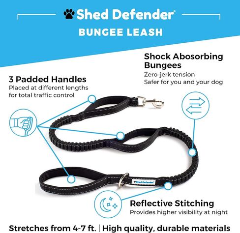 مقود بنجي ممتص للصدمات من Shed Defender - ثلاثة مقابض مرور مبطنة، مصممة في الولايات المتحدة الأمريكية، تمتد من 4 إلى 7 أقدام، مقود مرن للكلاب، خياطة عاكسة، كلب كبير وسلالة صغيرة، شديد التحمل، أسود in Saudi Arabia