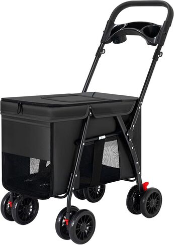 عربة الحيوانات الأليفة، عربة الركض على شكل قفص للكلاب والقطط قابلة للطي، عربة حمل كبيرة للغاية ذات 4 عجلات للسفر وعربة للكلاب، شبكة قابلة للتنفس مع سلة تخزين وحامل أكواب للقطط الصغيرة المتوسطة (أسود) in Kuwait