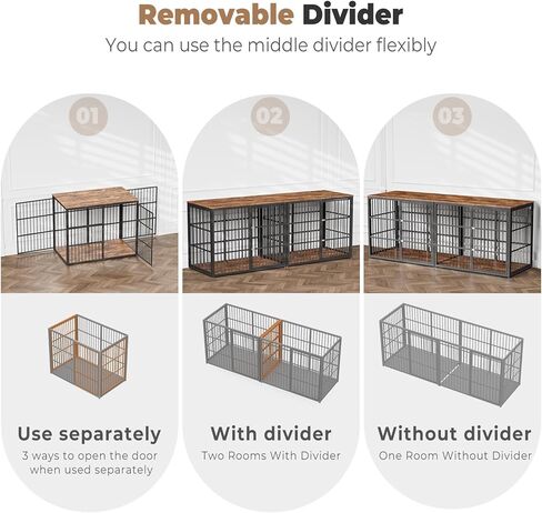 حامل تلفزيون كبير الحجم لأثاث قفص الكلاب مقاس 94.48 بوصة مع غرف مزدوجة لكلبين، طاولة نهاية قفص الكلاب الخشبية مع مقسم قابل للإزالة للكلاب المتوسطة الكبيرة، يمكن استخدامه بشكل منفصل in Kuwait