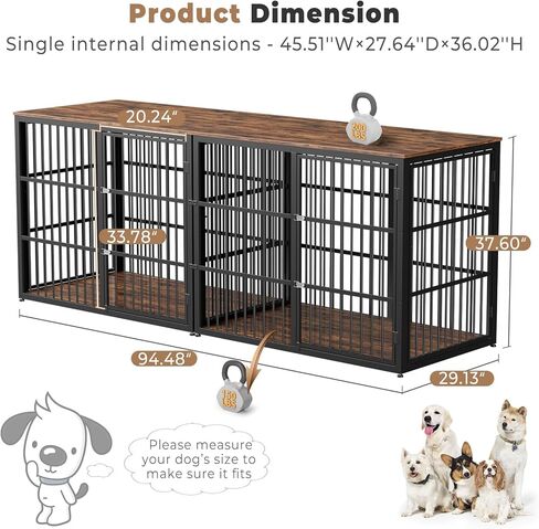 حامل تلفزيون كبير الحجم لأثاث قفص الكلاب مقاس 94.48 بوصة مع غرف مزدوجة لكلبين، طاولة نهاية قفص الكلاب الخشبية مع مقسم قابل للإزالة للكلاب المتوسطة الكبيرة، يمكن استخدامه بشكل منفصل in Kuwait