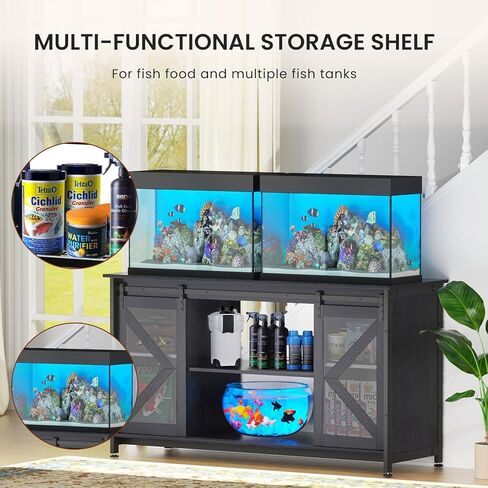 75-90 Gallon Fish Tank Stand with Cabinet, Heavy Duty Metal Large Aquarium Stand for Accessories Storage, Reptile Tank Turtle Terrariums Table, 1000+ LBS Capacity, 58.9"x19.7"x32.6" H, New Black in Kuwait