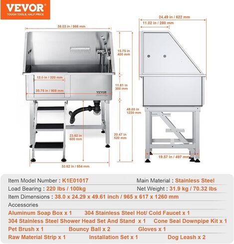 VEVOR 38 "محطة استحمام للكلاب الأليفة مع منحدر، حوض استحمام احترافي للكلاب من الفولاذ المقاوم للصدأ مع درج تخزين، شبكة أرضية، صنبور، حوض استحمام للكلاب للحيوانات الأليفة الكبيرة والمتوسطة والصغيرة، حوض غسيل للمنزل (يسار) in Kuwait