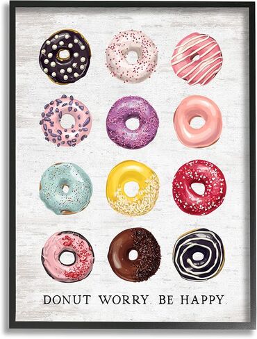 Stupell Industries Donut Worry Be Happy Pun Glazed Farmhouse Desserts, Designed by Lettered and Lined Black Framed Wall Art, 11 x 14, Multi-Color in Kuwait